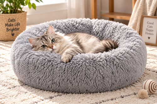Grey calming donut cat bed with cat resting in soft plush cushion