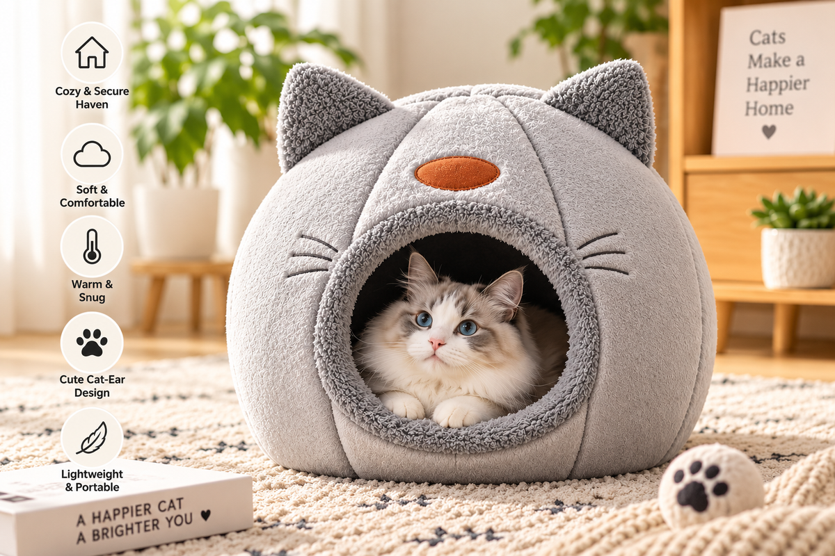 Grey cat cave bed with enclosed cozy hideaway for indoor cats