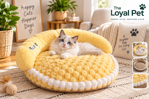 Yellow Cat Donut Bed with cozy raised sides and indoor cat relaxing