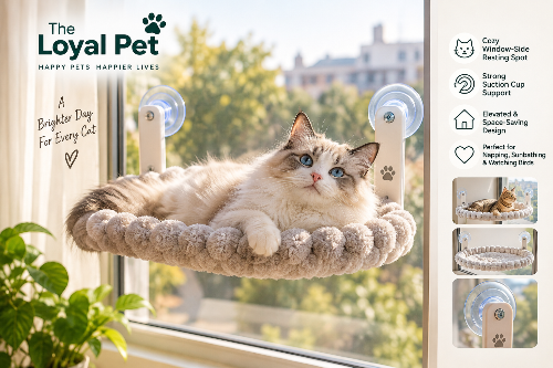 Cat Window Perch with suction cup support and cat relaxing by the window