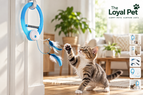 Automatic interactive cat toy with feather attachments and cat playing indoors