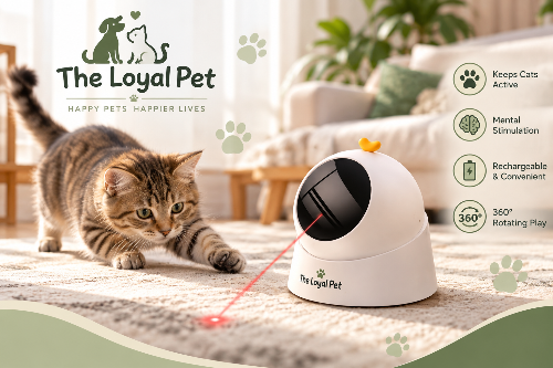 Cat playing with a rechargeable automatic laser cat toy indoors