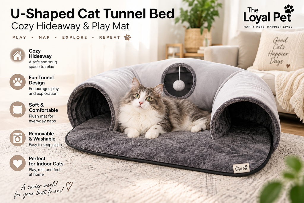 U-shaped cat tunnel bed with cozy play mat and indoor cat