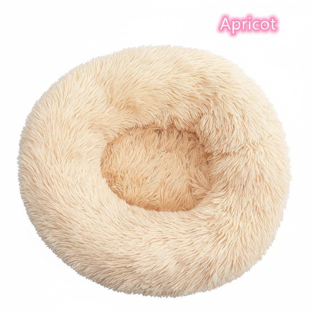 Apricot plush donut cat bed with soft cushioned center