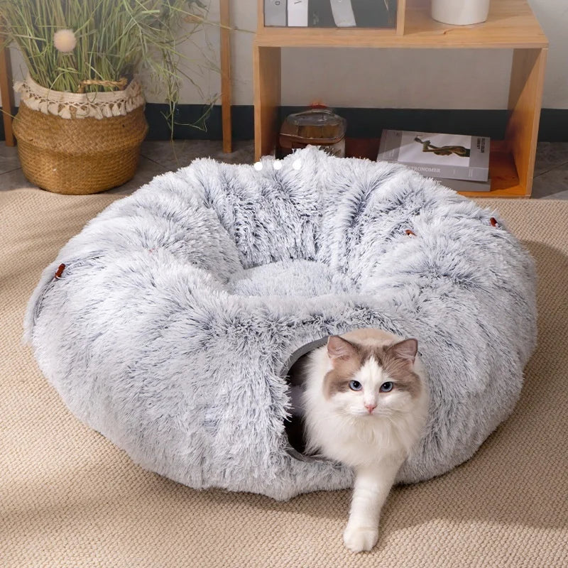 Cat relaxing in gray Peekaboo Cat Cave plush bed
