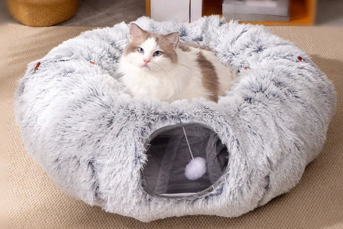 Rainbow Peekaboo Cat Cave with plush 2-in-1 tunnel bed