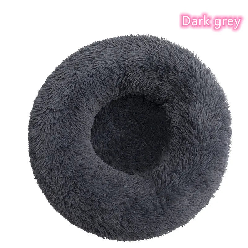 Dark grey calming donut cat bed with fluffy raised rim