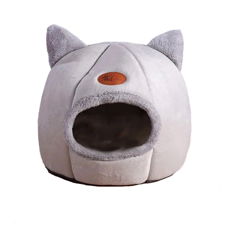 Grey cat cave bed with cat-ear design and round entrance