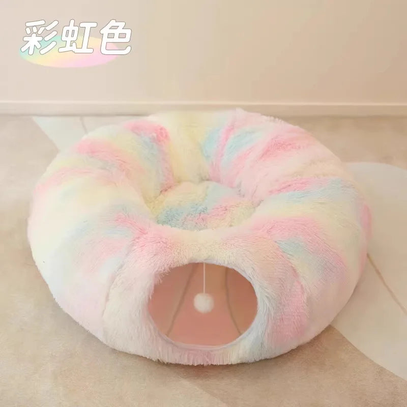 Rainbow Peekaboo Cat Cave with soft plush tunnel