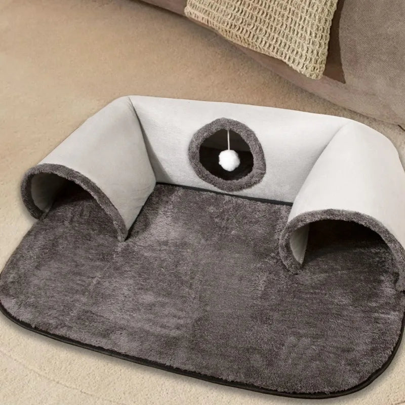 Grey cat tunnel bed with soft removable play mat