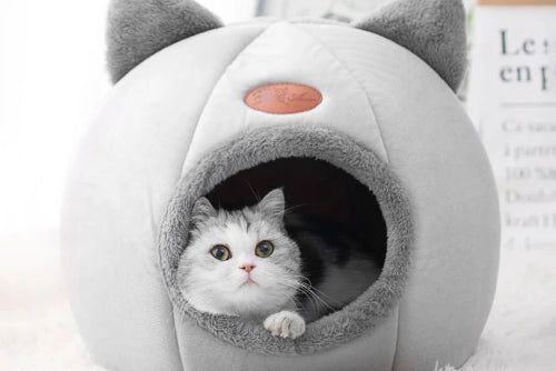 Grey cat cave bed with cat resting inside enclosed hideaway