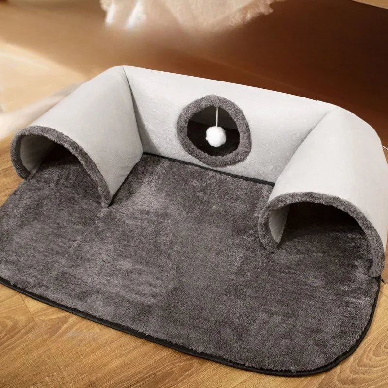 Grey cat tunnel and play mat for indoor cats