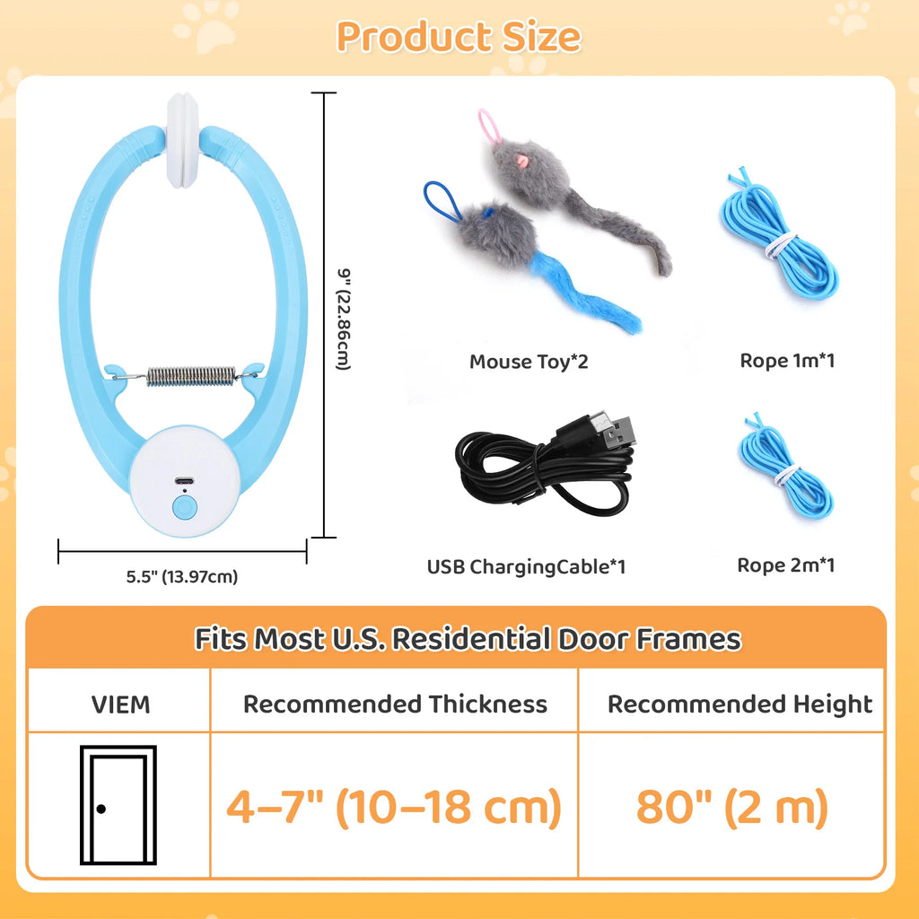 Interactive cat toy with interchangeable feather attachments and product dimensions