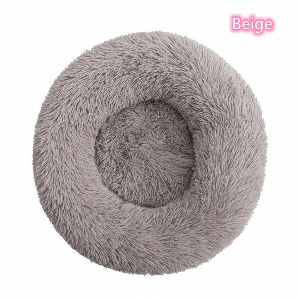 Grey round plush calming cat bed with raised rim