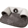 Grey U-shaped cat tunnel bed with removable plush mat
