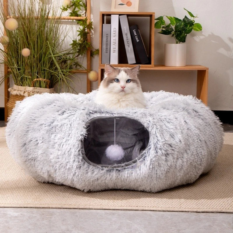 Gray plush Peekaboo Cat Cave with tunnel entrance