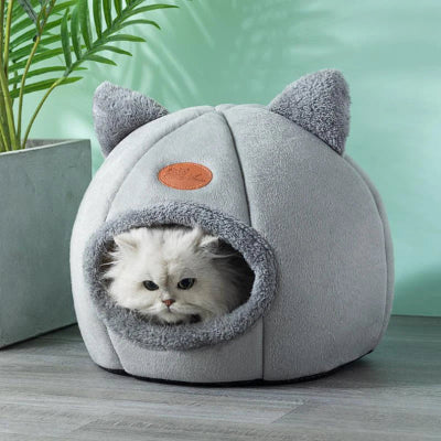 Cozy grey cat cave bed with cat inside soft enclosed house