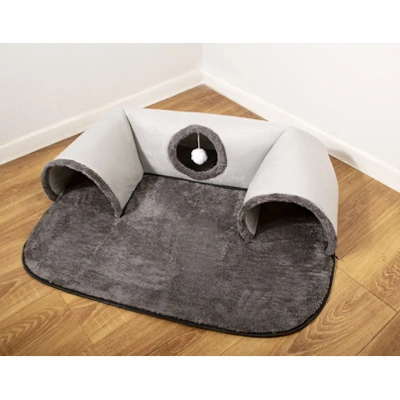 U-shaped indoor cat tunnel bed with hanging play ball