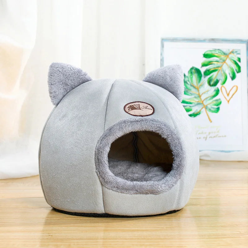 Grey indoor cat cave house with enclosed sleeping space