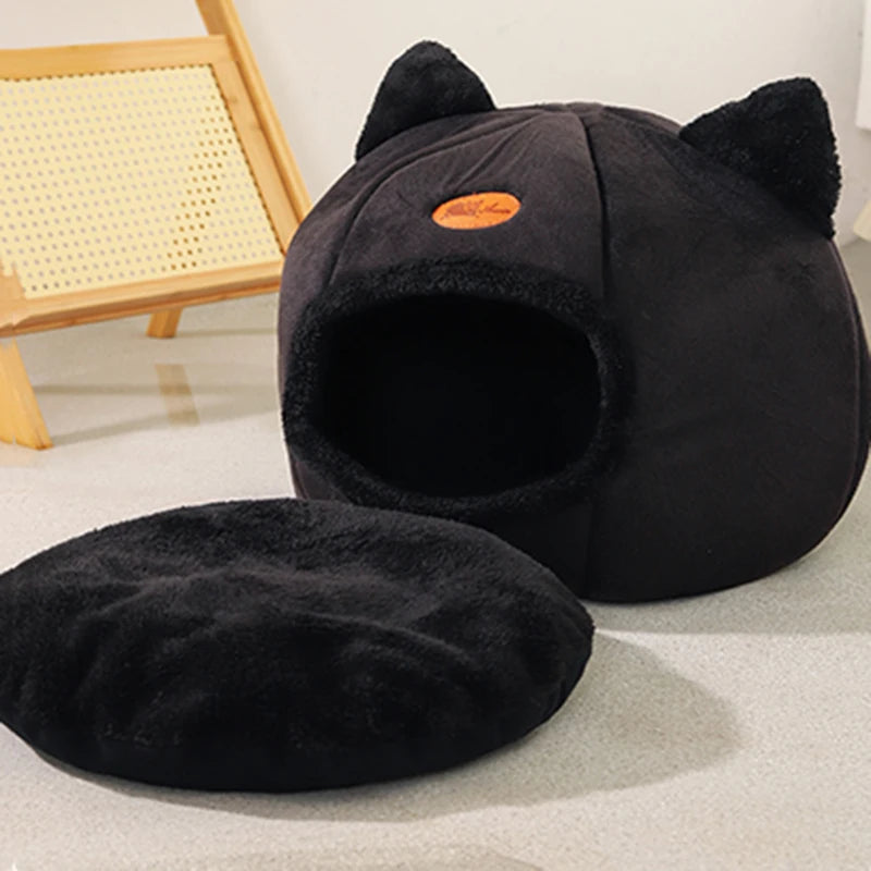 Black cat cave bed with removable round cushion