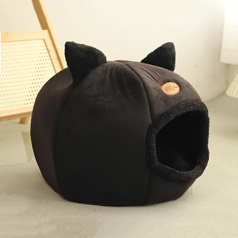 Black cat cave bed with removable round cushion